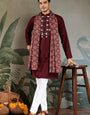 Traditional Maroon Mirror Embroidered Kurta with Dupatta