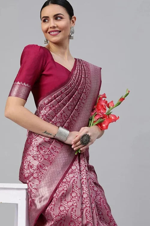 Maroon Gorgeous Solid Jacquard Weave Perfect Look Outfit Saree