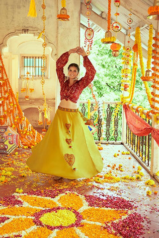 Maroon Gajji Silk Prined Work Navratri Crop-Top Skirt