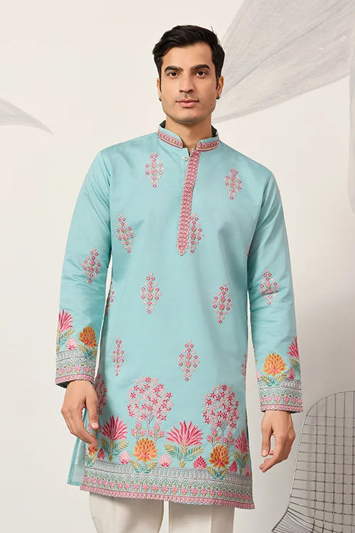 Sky blue embroidered kurta for men