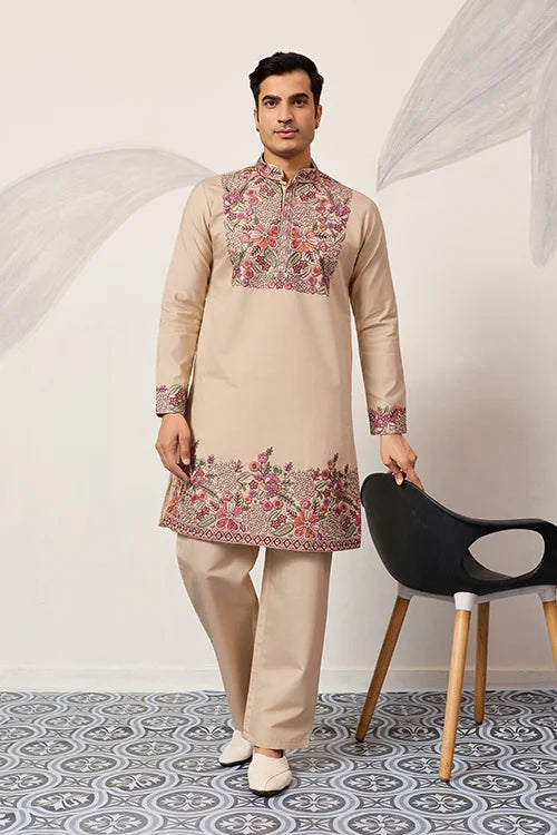 Beige Kurta Pant Set for Mens