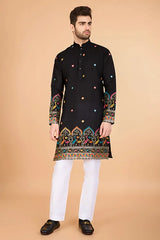 Black Men's Kurta with Thread Work