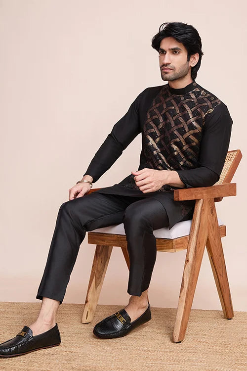 Men's Black Silk Ethnic Kurta