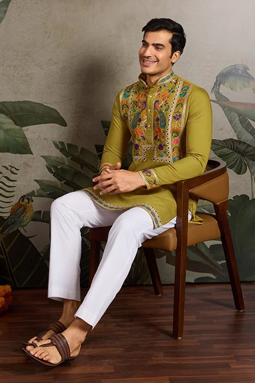 Flourescent Green Embroidered Kurta for Men