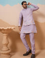 Trendy Lavender Wedding Celebration Beige Kurta Koti Pant Mens