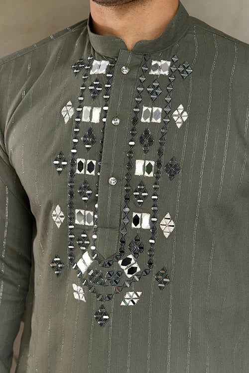 Premium Olive Green Mirror Work Kurta