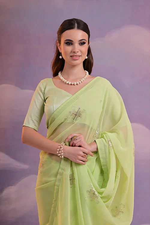 Parrot Green Floral Saree