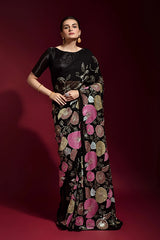 Partywear Black  Saree with Embroidery