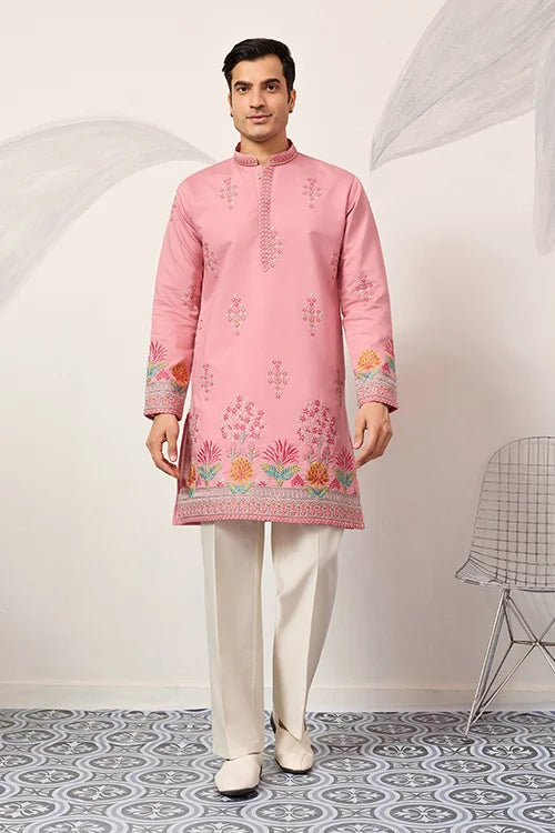 Pink Viscose Silk Kurta Men