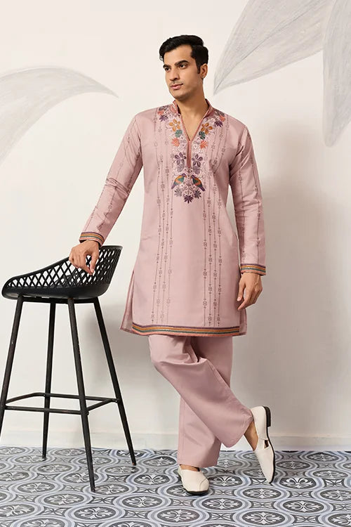 Pink Embroidered V Neck Kurta