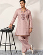 Classic Pink Embroidered V Neck Kurta Pant Outfit for Mens Wear