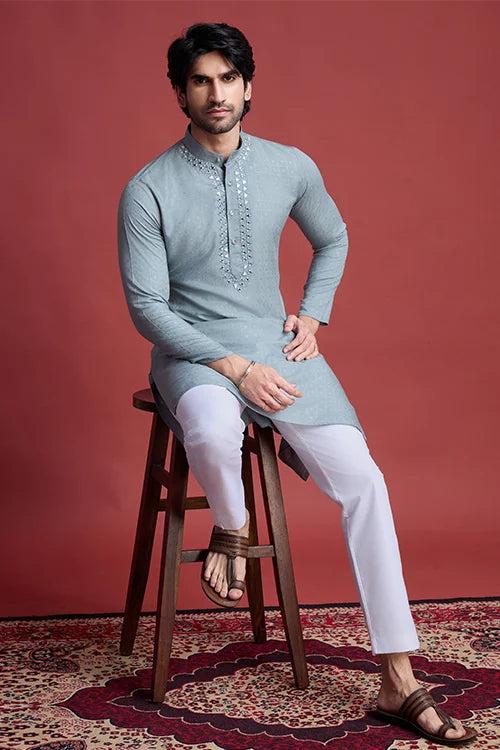 Pista Green Mirror Work Kurta