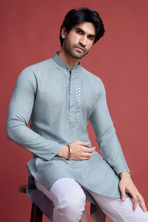 Pista Rayon Embroidered Kurta