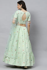 Pista Cotton Multi Embroidered Work Lehenga Choli