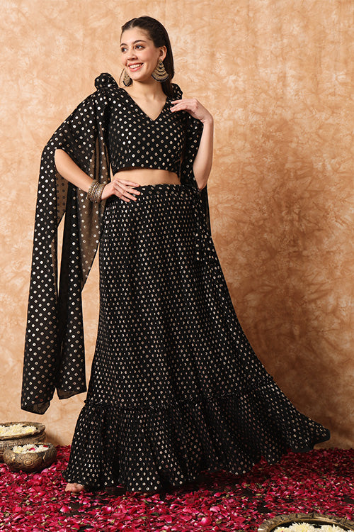 Plus Size Brown Color Metallic Foil Printed Ready to Wear Lehenga