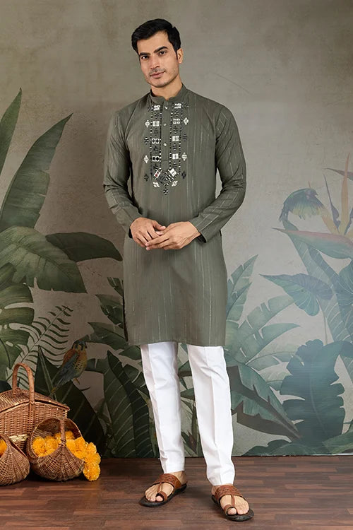 Olive Green Mirror Work Kurta