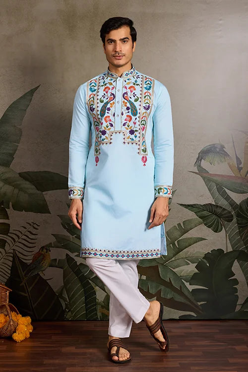  Sky Blue Embroidered Mens Kurta