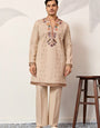 Premium Beige Embroidered V Neck Kurta Pant Set