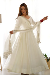 Off White Roman Silk Anarkali Gown