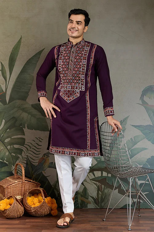 Purple Viscose Silk Kurta Men