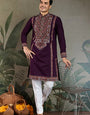 Engagement Special Purple Viscose Silk Outfit Kurta for Men