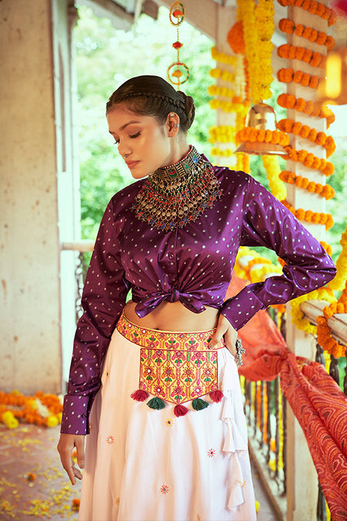 Purple Gajji Silk Prined Work Navratri Crop-Top Skirt
