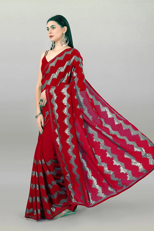 Designer Red Saree with Box Piping and Embroidery