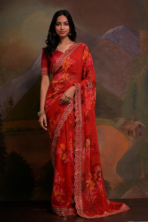 Red georgette saree
