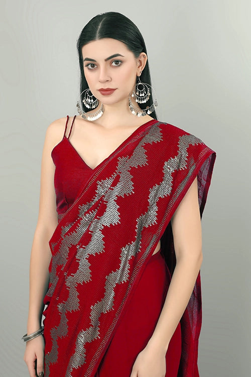 Designer Red Saree with Box Piping and Embroidery