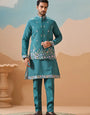 Wedding Party Outfit Rama Green Kurta Koti Pant for Men