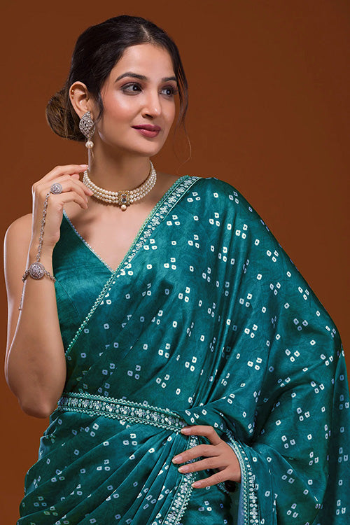 Women Exclusive Bandhani Satin with Embroidered Lace Work Sarees Collection