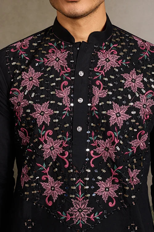 Black Embroidered Kurta Set for Men