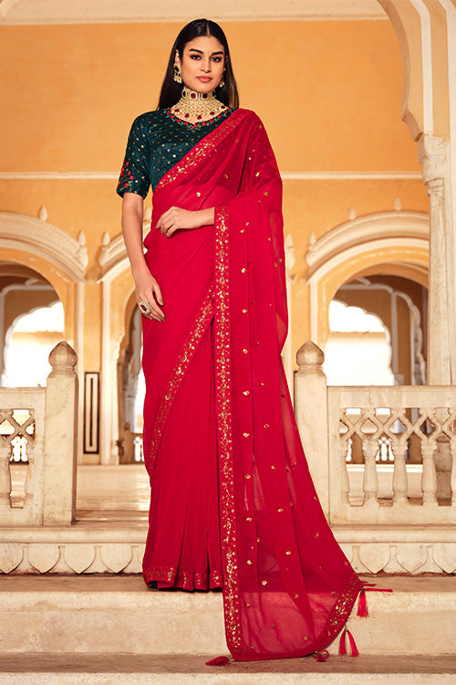 Red Chinon Thread Sequins Saree