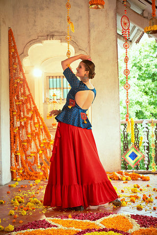 Red Art Silk Embroidered Work Navratri Crop-Top Skirt