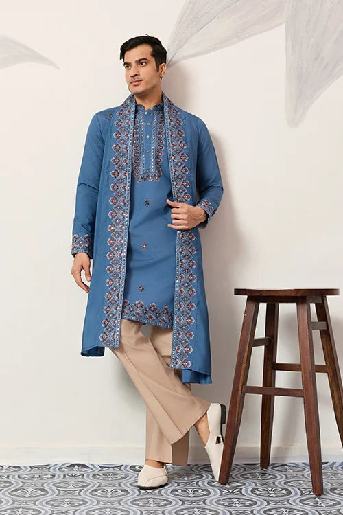 Wedding Royal Look Blue Kurta with Dupatta for Mens Wear