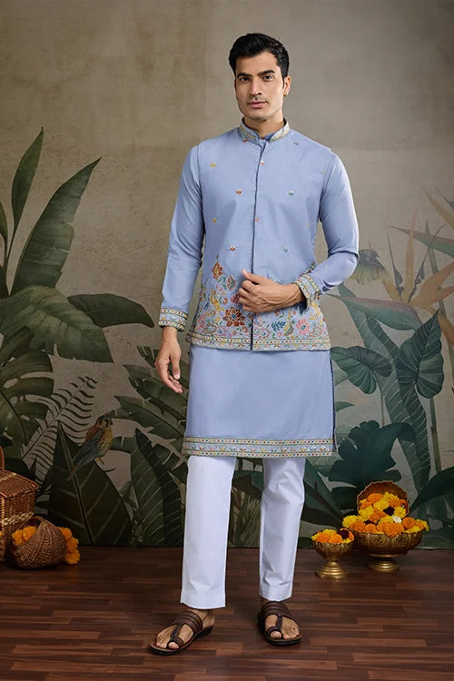 Sky Blue Men's Kurta Koti Set – Stylish Elegant - Main Image
