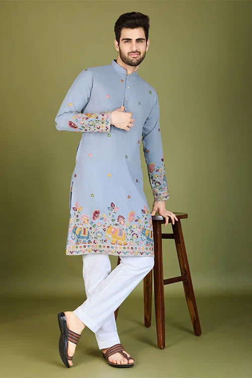 Sky Color Thread Embroidered Cotton Kurta