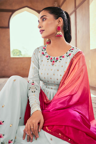 Sky Georgette Thread And Sequins Embroidered Kurta Palazzo With Dupatta