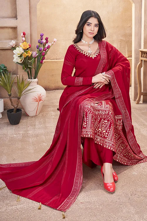 Red Roman Silk Salwar Suit