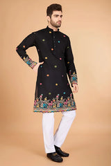 Black Viscose Thread Work Kurta