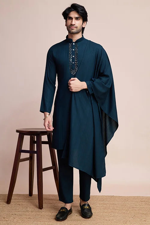 Teal Blue Viscose Kurta Set for Men