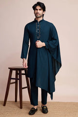 Teal Blue Viscose Kurta Set for Men