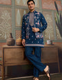Modern Teal Blue Open Koti Kurta Set for Men