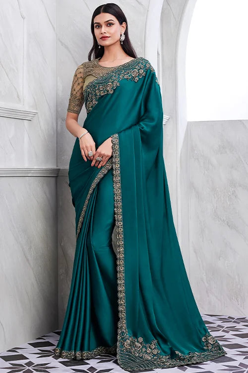 Teal Blue Designer Welnut Silk Saree With Fancy Blouse shubhkalastore
