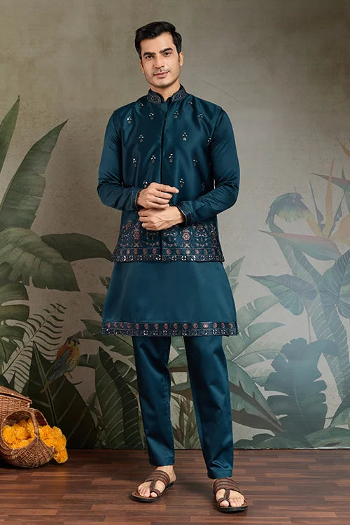 Teal Blue Kurta Koti for Men