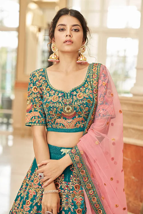 Teal Velvet Lehenga Choli