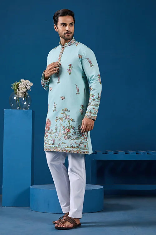 Embroidered Sky Kurta
