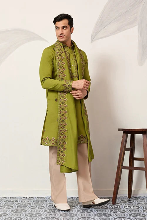 Wedding Fluorescent Green Mens Wear Kurta with Dupatta