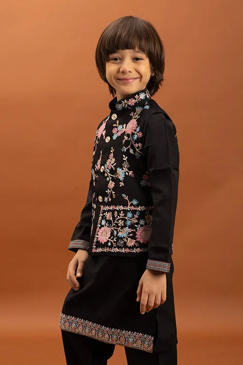 Kids Black Koti Kurta Set