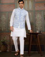 Traditional White Kurta Blue Koti Pajama for Men